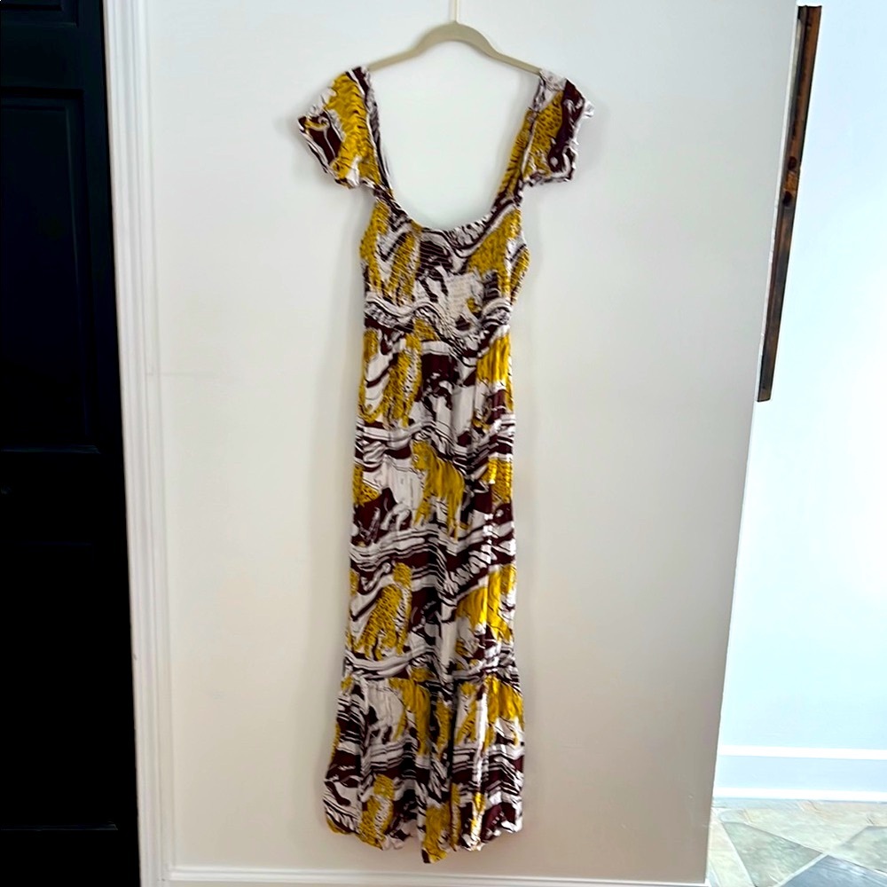 Elegant Yellow and Brown Women's Maxi Dress, by Anthropologie.